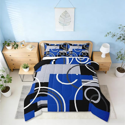 Royal Blue Black Grey Bedding Sets Full Swirls Spiral Comforter Set Abstract Gromment Stripes Quilt Bedroom Decor Geometric Plaid Bedding Modern Graphic Artwork Quilted Comforter All Season