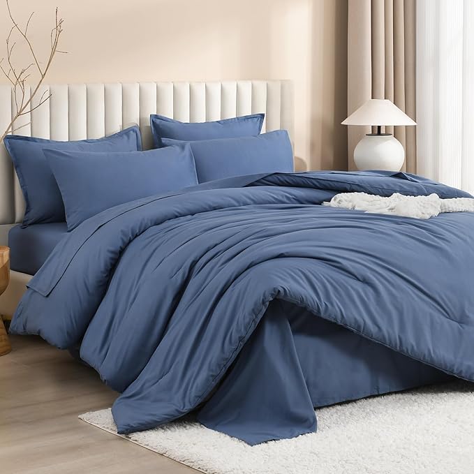 Litanika California King Comforter Set Ocean Blue - 7 Pieces Bed in a Bag Cal King Bedding Comforter Sets, Plain Lightweight Bed Set with Comforter, Sheets, Pillowcases & Shams