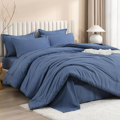 Litanika Super King Plus Comforter Sets Ocean Blue - 7 Pieces Bed in a Bag Beddding Sets, Solid Lightweight Bed Set with Comforter, Sheets, Pillowcases & Shams