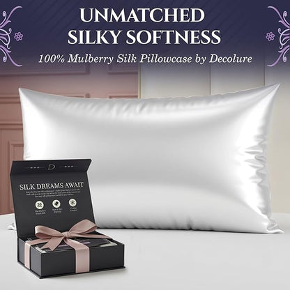 DECOLURE 100% Pure Mulberry Silk Pillow Case Standard Size – Highest Grade 30 Momme 6A+, Luxuriously Soft & Cooling Silk Pillowcase for Hair & Skin, Hypoallergenic, Breathable, Hidden Zipper (White)