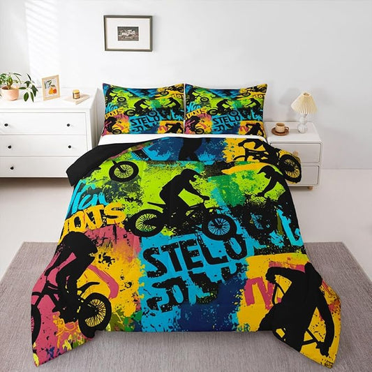 Erosebridal Boys Dirt Bike Comforter Set Twin Size Skateboard Bedding Set Motorcycle Motocross Duvet Set Extreme Sports Game Quilt Set Hip Hop Colorful Comforter Set for Kids Teens Adult