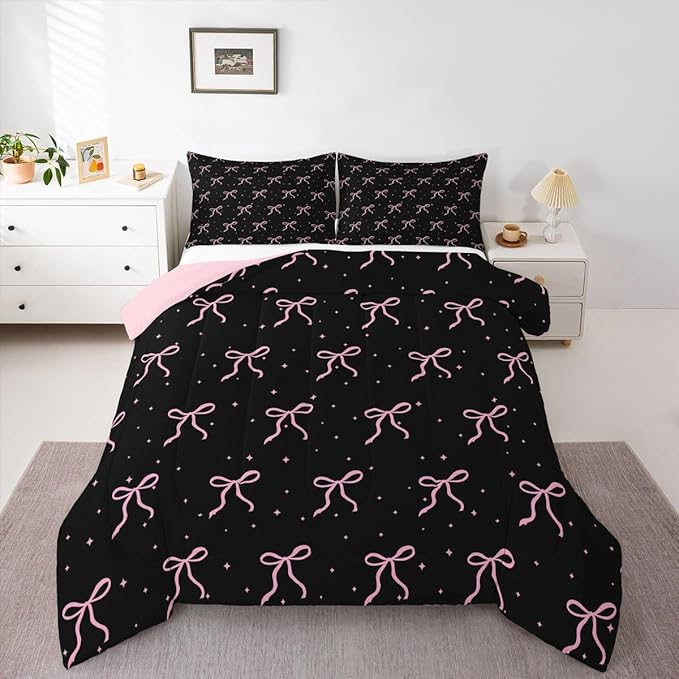 Erosebridal Girls Pink Bow Comforter Set Queen Size Black Pink Coquette Bedding Set for Teen Girls Kids Women Bedroom Cute Girly Bows Comforter Preppy Ribbon Bowknot Quilt Duvet
