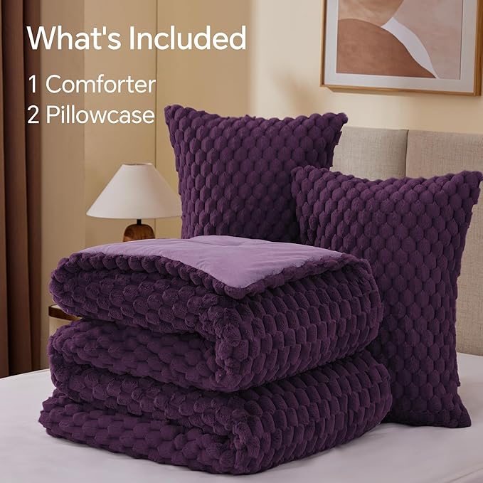 BEDELITE Fluffy Queen Comforter Set - Purple Fleece Soft Comforter for Queen Size Bed, Luxury Warm Bedding Set for Winter, Fuzzy Bed Set 3 Pieces (1 Comforter, 2 Pillowcases)