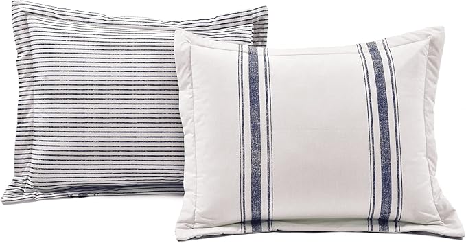 Lush Decor Farmhouse Stripe Reversible Cotton Comforter Set, 3 Piece Set, California King, Navy - Cozy Farmhouse Bedding Set - Rustic Decor - Striped Comforter - Modern Farmhouse Bedroom Decor