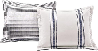 Lush Decor Farmhouse Stripe Reversible Cotton Comforter Set, 3 Piece Set, California King, Navy - Cozy Farmhouse Bedding Set - Rustic Decor - Striped Comforter - Modern Farmhouse Bedroom Decor