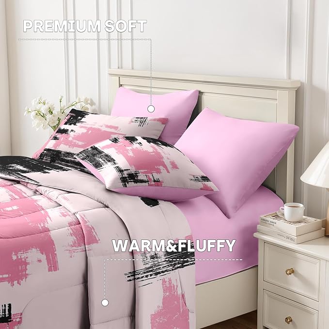 Nesker 7 Pcs Comforter Set Queen Size, Modern Abstract Graffiti Art Bedding Set for Kids and Adults, Children Pink Black Striped Sheets Bed Sheet Sets with Fitted Sheet 2 Pillowcases & 2 Shams