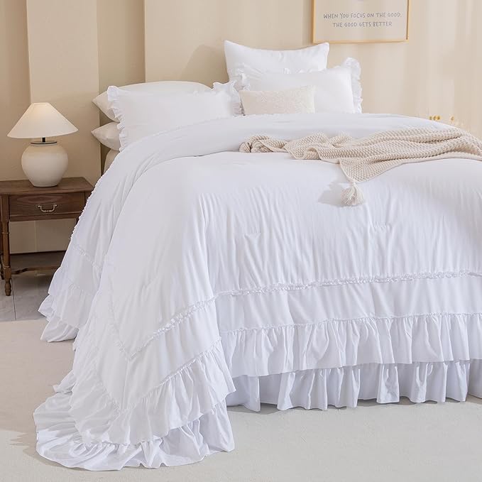 QSH Oversized King Comforter Set 120x120, White Farmhouse Ruffled Bed Comforter Shabby French Country Rustic Vintage Bedding Comforter Microfiber Soft Lightweight Fluffy Bedding 3 PCs