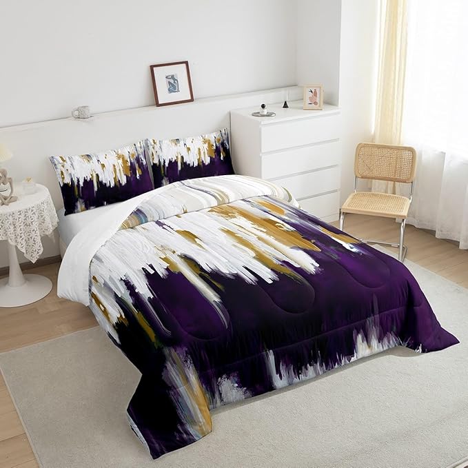 Abstract Ombre Comforter Set King White Purple Bedding Set, Gradient Brush Marks Bedding Comforter Sets Contemporary Artwork Duvet Sets, Watercolor Stripe Aesthetic Quilted Comforter Luxury