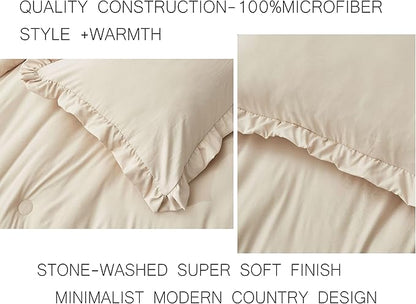 Chezmoi Collection Nora Light Sand Comforter Set King Size 3-Piece Fluffy Soft Stone-Washed Ruffled Shabby Chic Bedding for All Season
