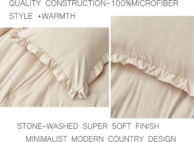 Chezmoi Collection Nora Light Sand Comforter Set Queen Size 3-Piece Lightweight Fluffy Soft Stone-Washed Ruffled Shabby Chic Bedding for All Season