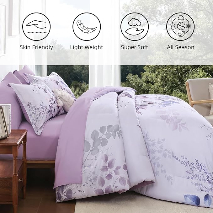 Xruibed Purple Comforter Set Queen Size 7 Pieces Bed in a Bag, Botanical Floral Print Bed Sets, Elegant Flower Comforter with Sheet Set, Soft Microfiber Bedding Set for All Season (Purple, 90"x90")