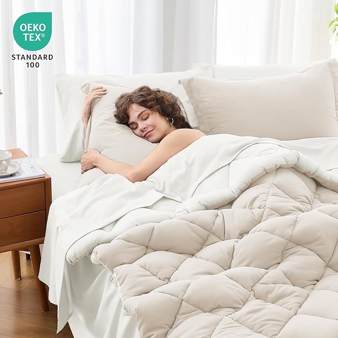 MUXHOMO 7 Pieces Full Comforter Set, Reversible Bed in a Bag Full Size, All Season Bedding Set with Comforter, Flat Sheet, Fitted Sheet, Pillowcases & Shams, Beige & White