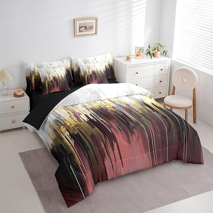 Burgundy Red Bedding Comforter Sets 7pcs Gradient Stripe Bed in a Bag, Modern Oil Painting Graffiti King Bedding Sets Watercolor Abstract Artwork Comforter Set, Aesthetic Metallic Golden Bedding Sets