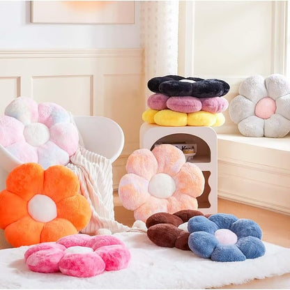 Flower Pillow Cute Decorative Throw Pillow with Faux Rabbit Fur Soft Daisy Plush Floor Cushion Aesthetic Flower Shaped Pillow Home Decor for Bed Sofa Couch (Yellow 19.6 Inch)