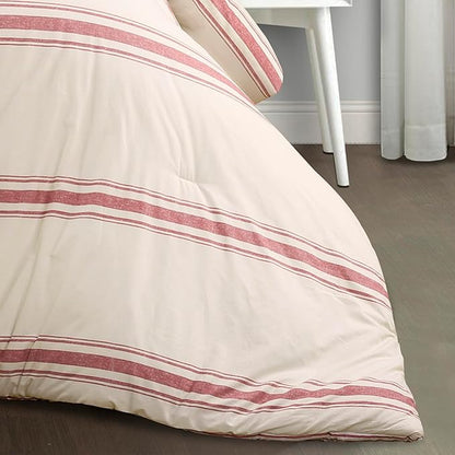 Lush Decor Farmhouse Stripe Reversible Cotton Comforter Set, 3 Piece Set, Full/ Queen, Red - Cozy Farmhouse Bedding Set - Rustic Decor - Striped Comforter - Modern Farmhouse Bedroom Decor