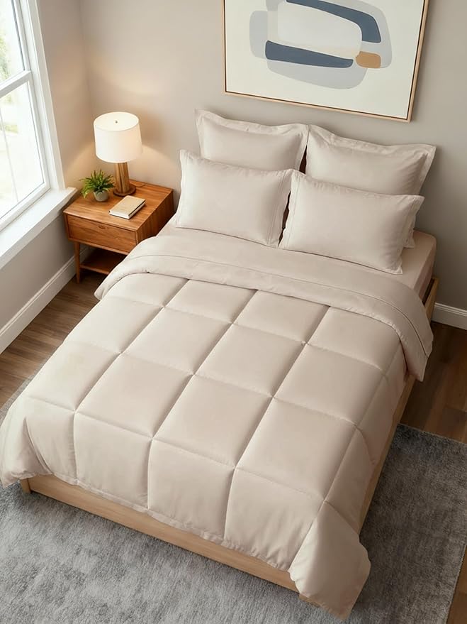 Queen Comforter Set - 7 Piece Bed in a Bag Queen Size Bed Set - Down Alternative Comforter, Flat Sheet, Fitted Sheet, Pillowcase & Shams for All Seasons - Ultra Soft, Cozy, Comfy & Breathable - Wheat