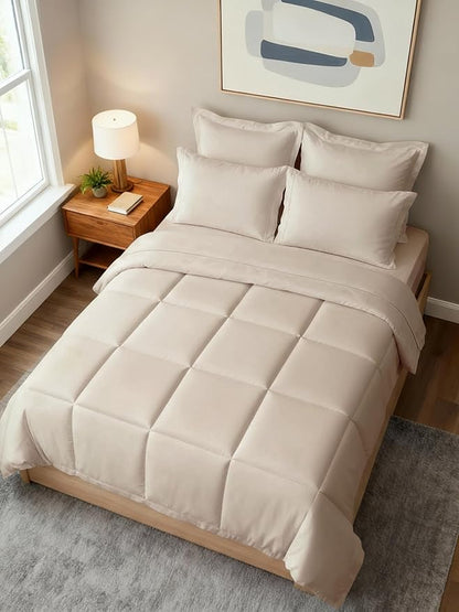 Queen Comforter Set - 7 Piece Bed in a Bag Queen Size Bed Set - Down Alternative Comforter, Flat Sheet, Fitted Sheet, Pillowcase & Shams for All Seasons - Ultra Soft, Cozy, Comfy & Breathable - Wheat