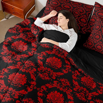 Erosebridal Black and Red Damask Twin Comforter Set with Sheets | Victorian Decor Gothic Vintage Floral 7-Piece Bedding Set Baroque Goth Bed in a Bag, Luxury Bohemian Bed Sets