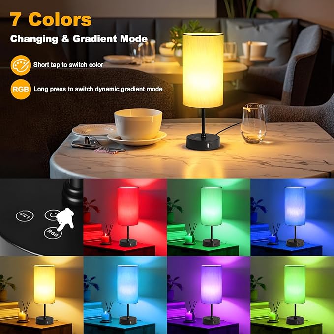 Unicozin 17Inch Table Lamp for Bedroom, Touch Control Bedside Lamp for Reading, 3 CCT & 7 RGB Color Changing, Dimmable Nightstand Lamp for Kids Room Living Room Office, Grey Shade