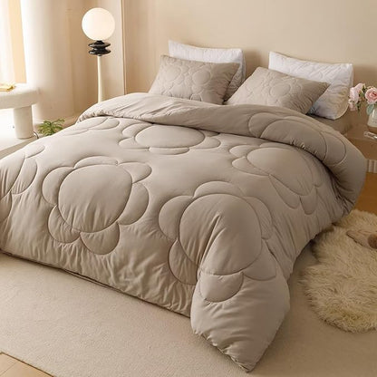 Cottonight Beige Khaki Comforter Set Full Light Khaki Sunflower Bedding Comforter Set Women Men Beige Mocha Blanket Quilts Big Flower Printed 3 Piece Soft Breathable Bedding Set Full Size