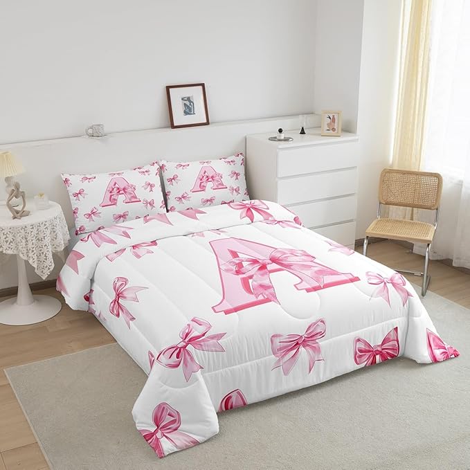 Erosebridal Initial Letter A Comforter Set Pink Bow Girls Full Bedding Set Kawaii Girly Bowknot Bedding Comforter Sets Princess Style Romantic Bow Bed Set for Kids Teen Women