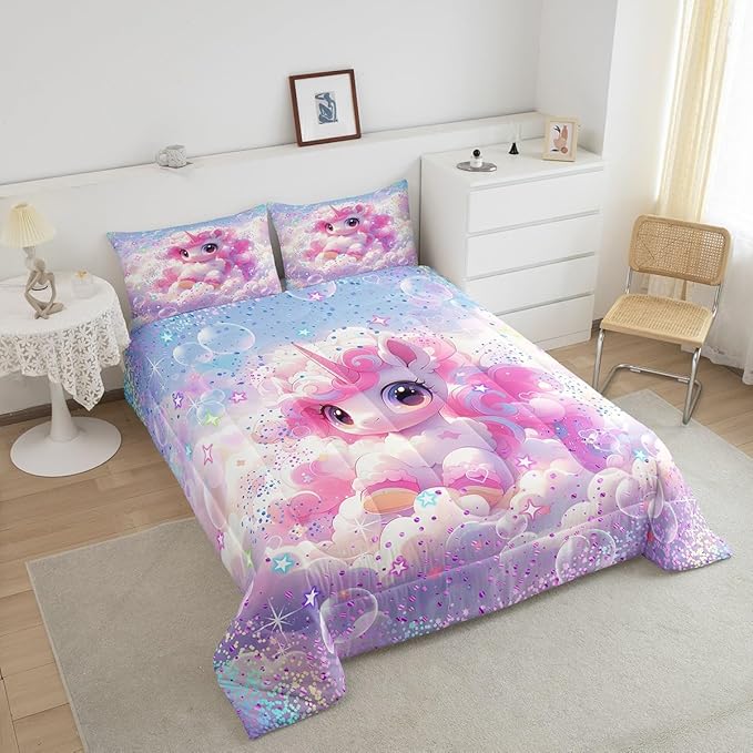 Kawaii Unicorn Bedding Set Full Size Colorful Glitter Stars Sky Galaxy Comforter Set for Girls Kids Teens Cartoon Dream Fairy Tale Style Quilted Duvet Set Room Decor 3Pcs,Reversible Colorful
