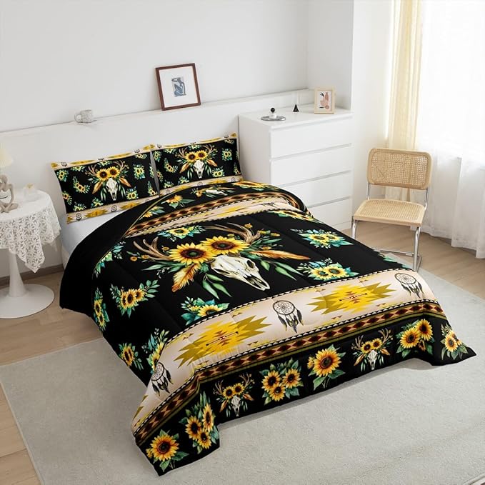 Erosebridal Western Comforter Set Queen,Sunflower Bull Skull Quilt Bohemian Flowers Bedding Sets,Exotic Dream Catchers Duvet Insert Southwestern Tribe Arrow Aztec Western Home Decor