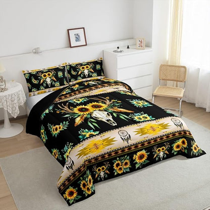Erosebridal Western Comforter Set Queen,Sunflower Bull Skull Quilt Bohemian Flowers Bedding Sets,Exotic Dream Catchers Duvet Insert Southwestern Tribe Arrow Aztec Western Home Decor