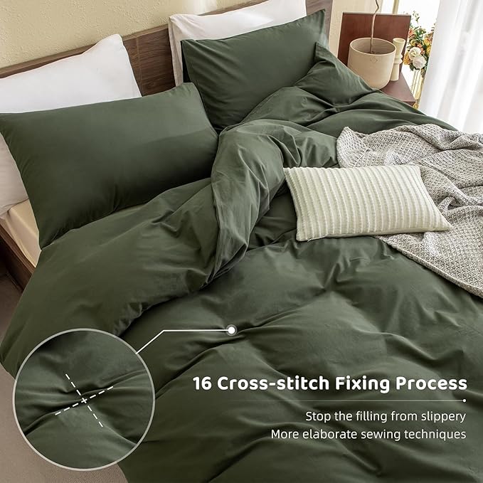 Sanracie Cotton Olive Green Comforter Set King Size,Dark Green Bedding Comforters Set Solid,3 Pieces(1 Aesthetic Comforter and 2 Pillowcases) Soft Lightweight Bed Set for All Season
