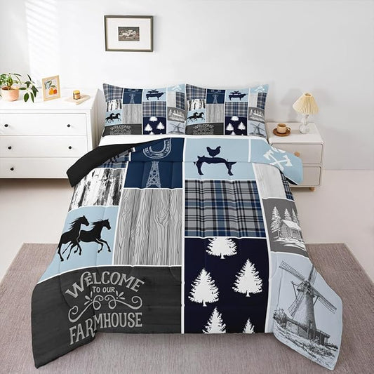 Erosebridal Farmhouse Horse Quilt, Rustic Windmill Comforter Set Twin Lodge Cabin Patchwork Bedding Set for Kids Teens Adult, Farm Animal Cowboys Horseshoe Down Comforter, 1 Pillow Case, Grey Blue
