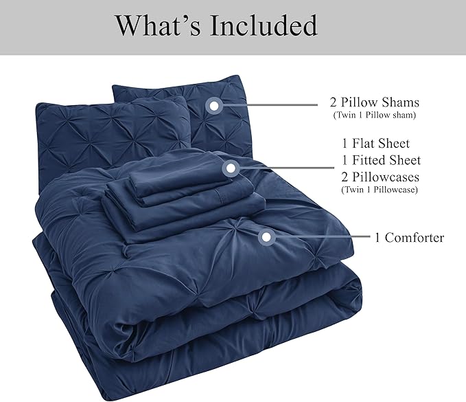 LANE LINEN Queen Comforter - Set of 7 Piece - Pintuck Stitch Design Bedding with 1 Comforter, 1 Flat Sheet, 1 Fitted Sheet, 2 Pillowcases & 2 Shams - Soft, Warm & Cozy Bedding Collection – Navy Blue | Cozy bedding, Breathable comfort, Light all season,...