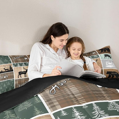 Retro Cabin Comforter Set 3Pcs, Pine Tree Buffalo Plaid Quilt Bear Deer Elk Bedding, Forest Wildlife Woodland Animals Duvet Insert Hunting Lodge Country Rustic Farmhouse Bedroom Decor, King Size