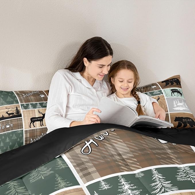 Retro Cabin Comforter Set 3Pcs, Pine Tree Buffalo Plaid Quilt Bear Deer Elk Bedding, Forest Wildlife Woodland Animals Duvet Insert Hunting Lodge Country Rustic Farmhouse Bedroom Decor, Full Size