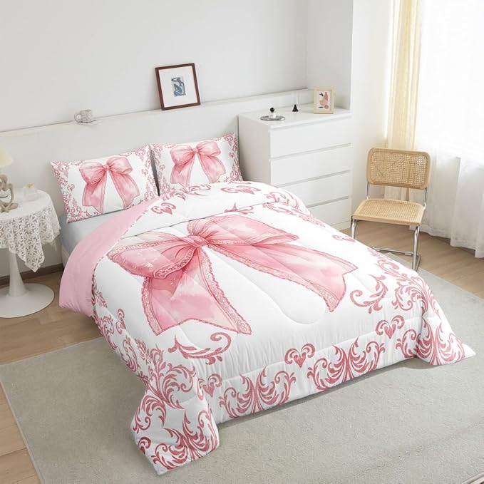 jejeloiu Girls Pretty Ribbon Pink Bow Bedding Set King Size Pink Damask Comforter Set for Kids Women Cute Bow Duvet Set Princess Quilt Set 3Pcs