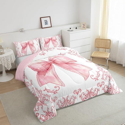 jejeloiu Girls Pretty Ribbon Pink Bow Bedding Set Full Size Pink Damask Comforter Set for Kids Women Cute Bow Duvet Set Princess Quilt Set 3Pcs