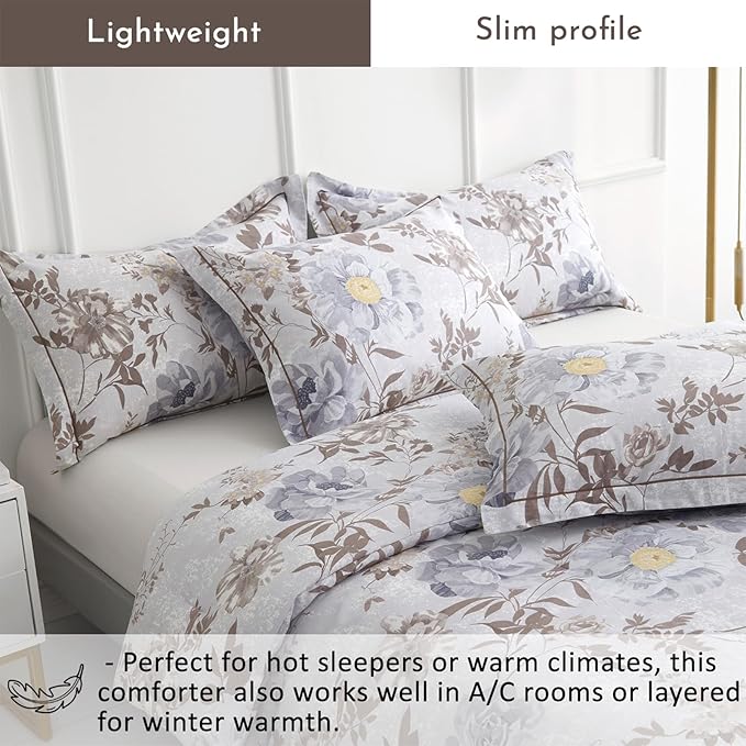 Luxurious Cotton 3pcs Floral Comforter Sets King Size - Light Gray Comfoter with Bluish Gray & Taupe Floral and Botanical Prints, Vintage Lightweight Bedding Sets(King 104"×90")