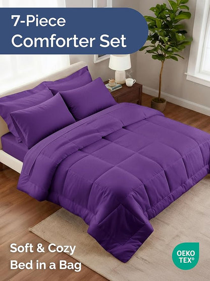 Queen Comforter Set - 7 Piece Bed in a Bag Queen Size Bed Set - Down Alternative Comforter, Flat Sheet, Fitted Sheet, Pillowcase & Shams for All Seasons - Ultra Soft, Cozy, Comfy & Breathable - Purple
