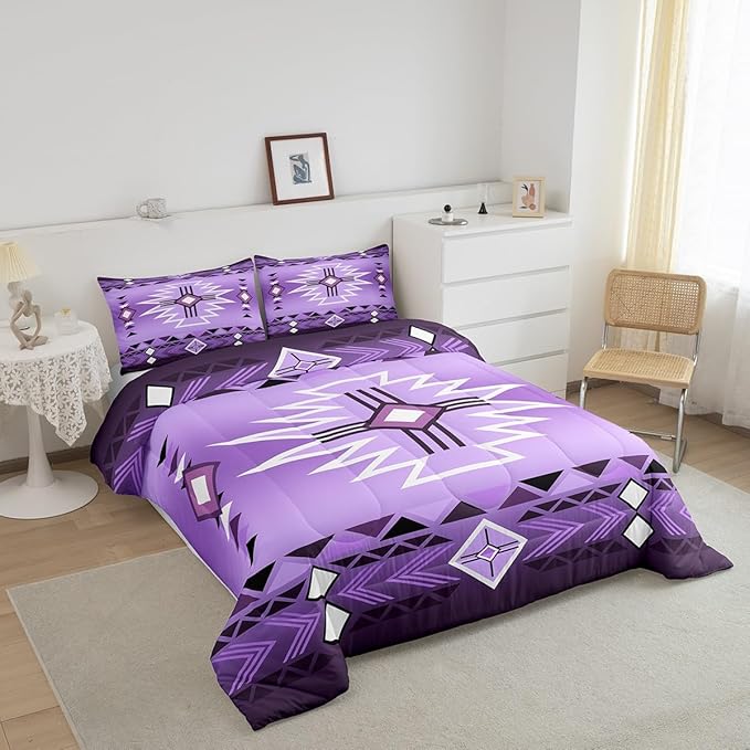 Southwestern Bedding Set King Size,Purple Aztec Tribal Arrow Stripes Comforter Set 3Pcs for Kids Teens Women Men Room Decor,Rustic Farmhouse Quilt Set Vintage Cowboy Duvet Insert,2 Pillowcases