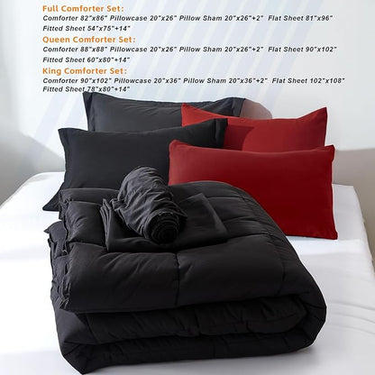 COZYART Full Comforter Set 7 Pcs, Black and Red Bed in a Bag, All Season Lightweight Soft Reversible Bedding Sets, 1 Comforter, 1 Flat Sheet, 1 Fitted Sheet, 2 Pillow Shams, 2 Pillowcases