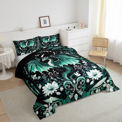 Feelyou Kids Dragon Comforter Set Twin Size, Green Dragon Bedding Set Dragon Lovers Comforter for Kids Boys Girls Boho Duvet Insert Room Decor 2Pcs