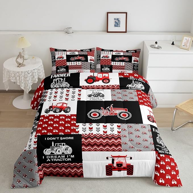 Feelyou Cartoon Tractor Comforter Set Farm Tractor Down Duvet for Kids Boys Toddler Vehicle Truck Bedding Set Harvester Excavator Comforter 1 Comforter Set with 2 Pillowcases Full Size