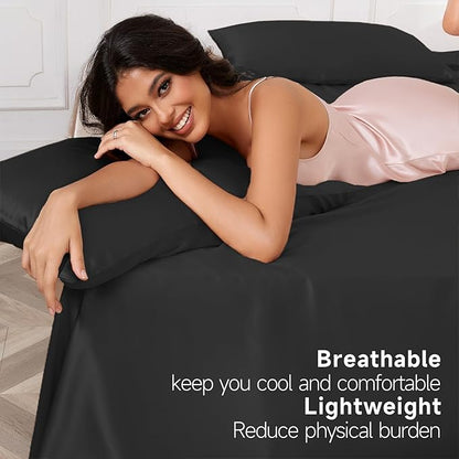 THXSILK Luxury Mulberry Silk Bed Sheets Set - 4pcs Silk Sheets Set 16" Deep Pocket - 1 Fitted Sheet, 1 Flat Sheet, 2 Pillowcases with Zipper Closure - Full, Black