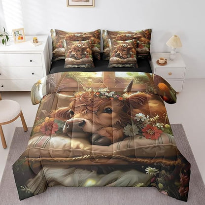 Full Size Cute Highland Cow Bedding For Kids Funny Cow Calf Comforter Set Western Farm Animal With Daisy Flowers Comforter + Flat Sheet + Fitted Sheet + 2 Pillowcases + 2 Throw Pillow Covers