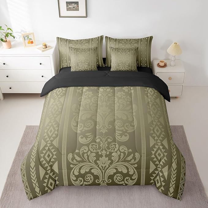 Comforter Set Full Size, Olive Aztec Damask 7 Pcs Bedding for Kids and Adults, Victorian Decor Western Baroque Goth Bed Sheet Sets with Fitted Sheet 2 Pillowcases & 2 Shams for Bedroom Bed Decor