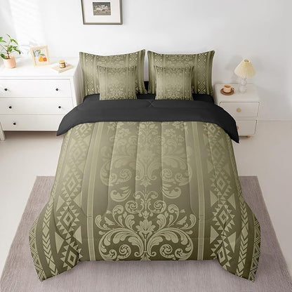 Comforter Set Full Size, Olive Aztec Damask 7 Pcs Bedding for Kids and Adults, Victorian Decor Western Baroque Goth Bed Sheet Sets with Fitted Sheet 2 Pillowcases & 2 Shams for Bedroom Bed Decor
