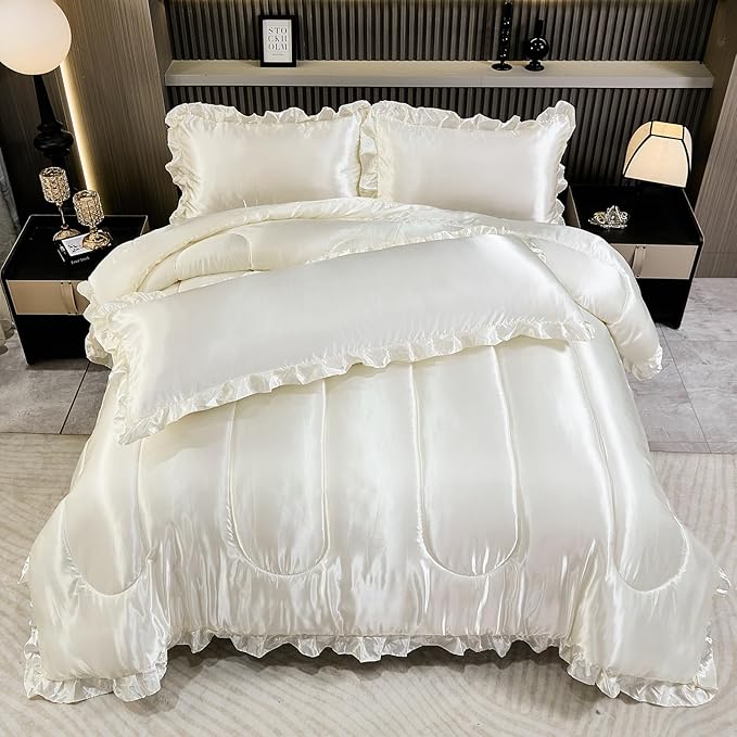 Satin King Comforter Silk Like Bedding 4 Pcs Hotel Soft Polyester White Bed Set Luxury Silky Body Pillow Cover Ruffle Home Decor