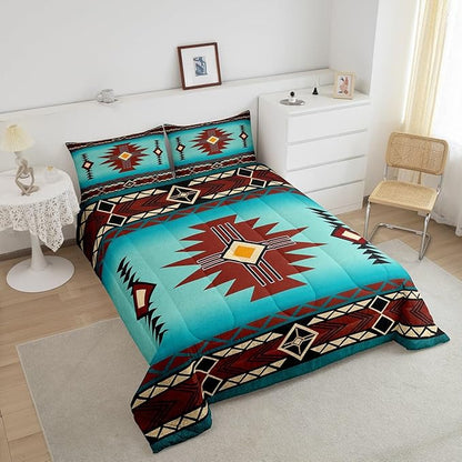 Southwest Comforter Set King Size,Geometric Aztec Tribal Striped Print Bedding Set Rustic Western Quilt Set for Kids Girls Woman Men Room Decor,Adult Retro Turquoise Red Duvet Insert 3Pcs