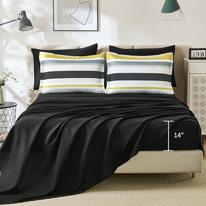 WONGS BEDDING Yellow Comforter King Size Set, 7 Pieces Bed in a Bag Yellow and Black Comforter Set, Soft Boho Striped Bedding Sets with Sheets, Pillowcases & Shams