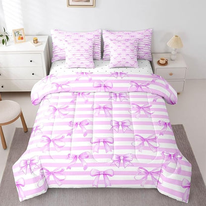 Erosebridal Bow Girls Cute Purple White Comforter Set Queen Size 7 Pieces | Stripe Bed in A Bag Bowknot Kawaii Bed Set Geometric Bedding