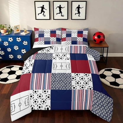 Feelyou Football Comforter Set All Season Rugby Sports Bedding Set with 2 Pillow Cases Soccer Ball Game Kids Queen Bedclothes Gift for Football Lover Bedroom Decor Navy Blue Duvet QuiltSoft